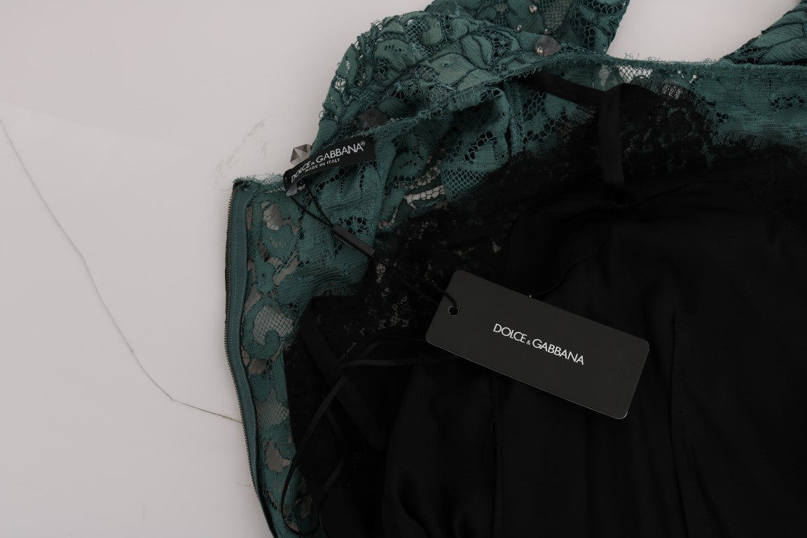 Robe droite Dolce & Gabbana verte à motifs floraux, broderie en cristal, robe élégante pour femme.