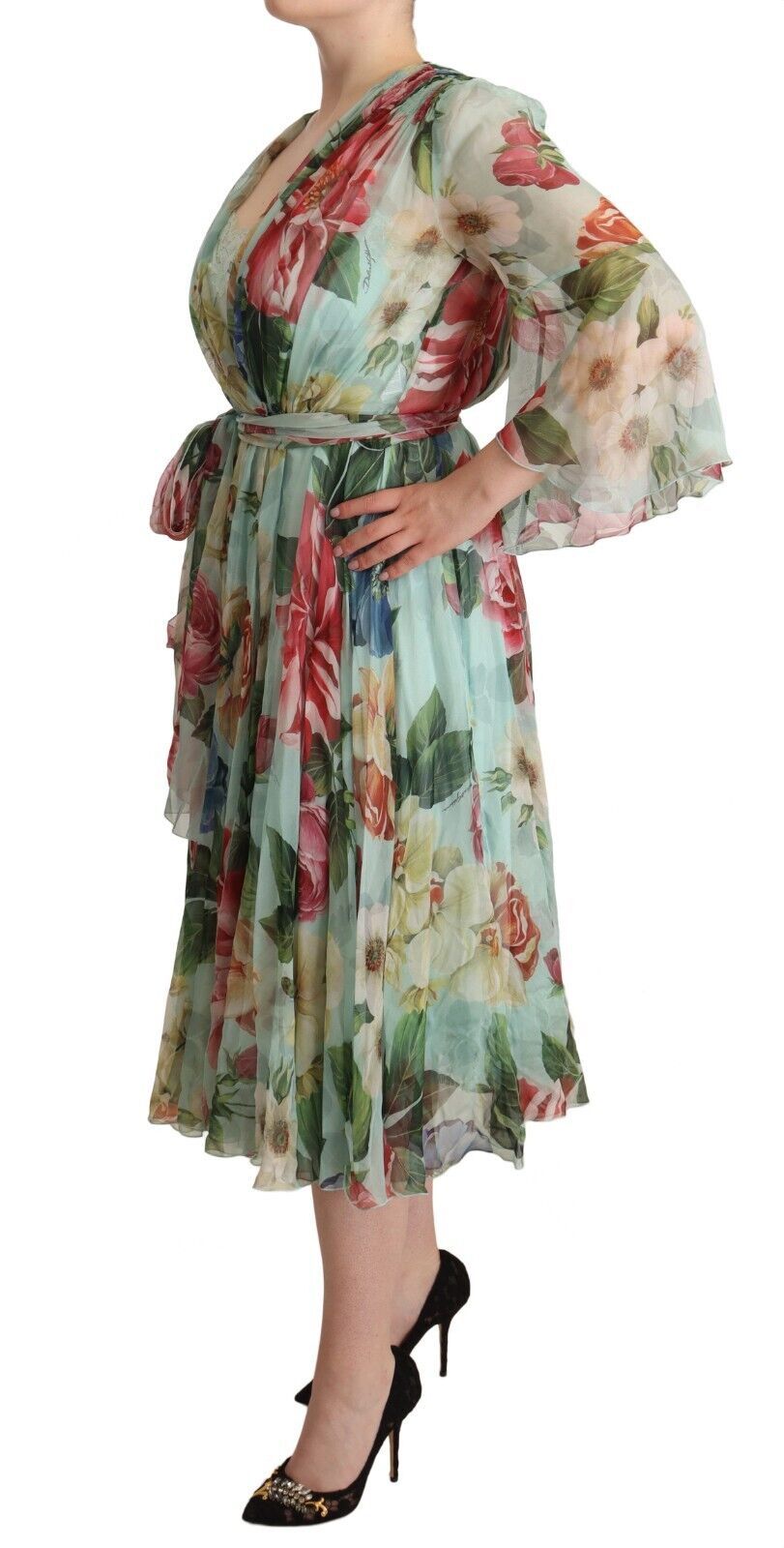 Robe midi florale verte Dolce & Gabbana à manches longues et décolleté en V, élégante et sophistiquée.