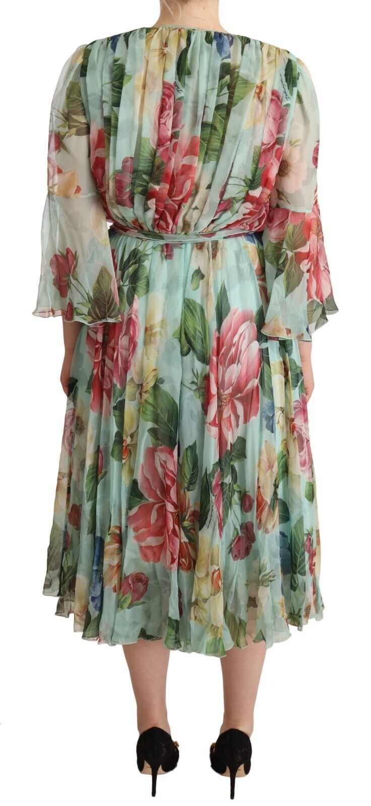 Robe midi à manches longues et col en V de Dolce & Gabbana avec motif floral vert.