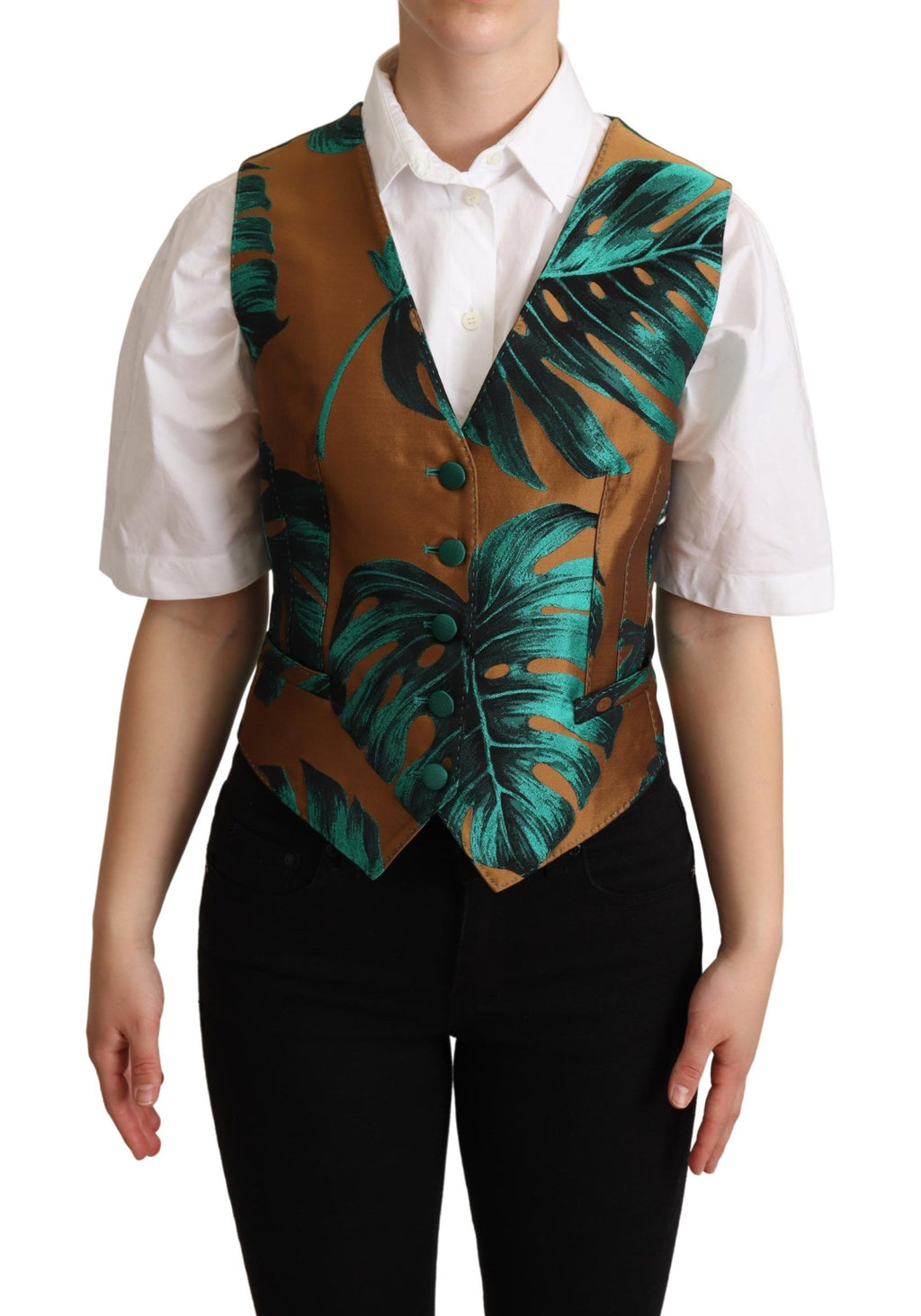 Gilet Dolce & Gabbana en jacquard vert avec motifs de feuilles dorées, style élégant pour homme.