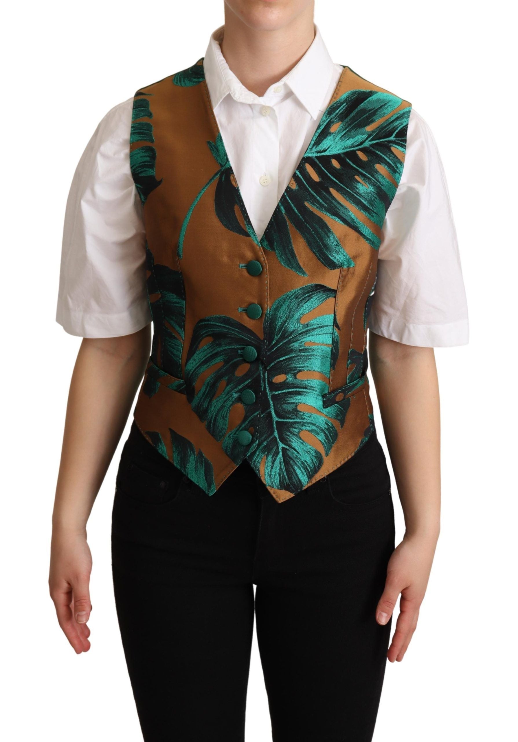 Gilet Dolce & Gabbana en jacquard vert avec motifs de feuilles dorées, style élégant pour homme.