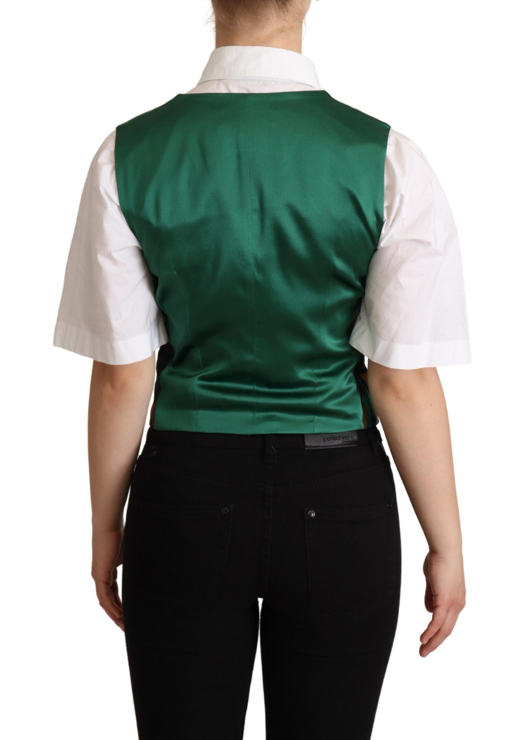 Gilet Dolce & Gabbana en jacquard vert avec motifs de feuilles dorées, taille ajustée, pour un style élégant et sophistiqué.