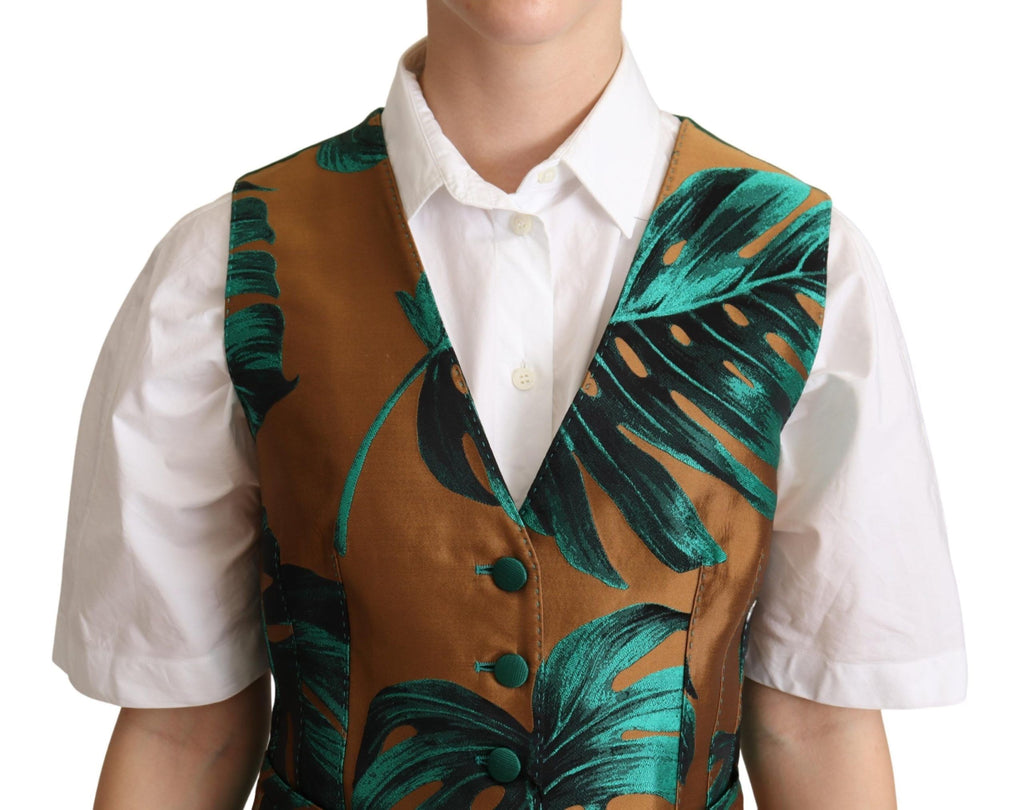 Gilet Dolce & Gabbana en jacquard vert avec motifs de feuilles dorées, coupe élégante et détails sophistiqués