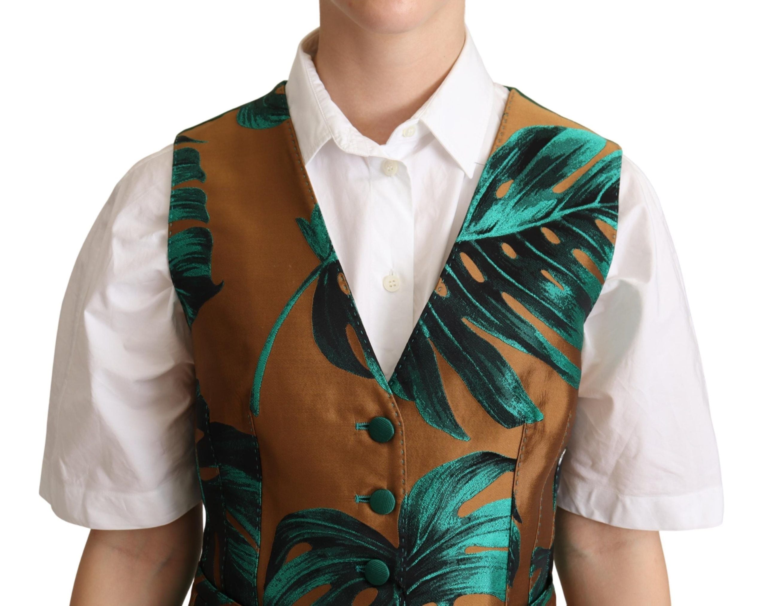 Gilet Dolce & Gabbana en jacquard vert avec motifs de feuilles dorées, coupe élégante et détails sophistiqués