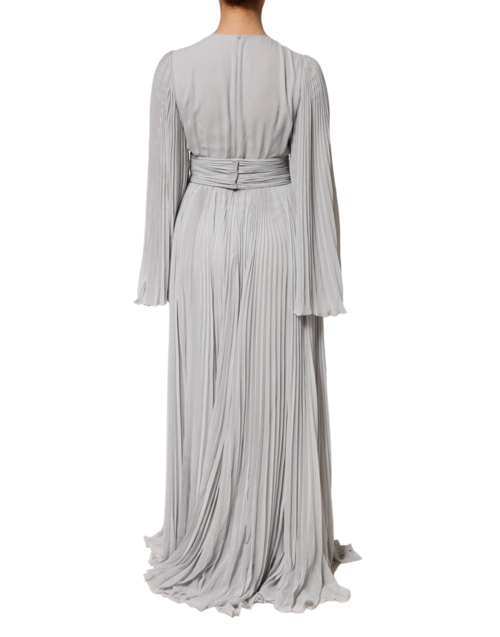 Robe longue plissée gris Dolce & Gabbana en soie mélangée avec manches longues et style élégant.