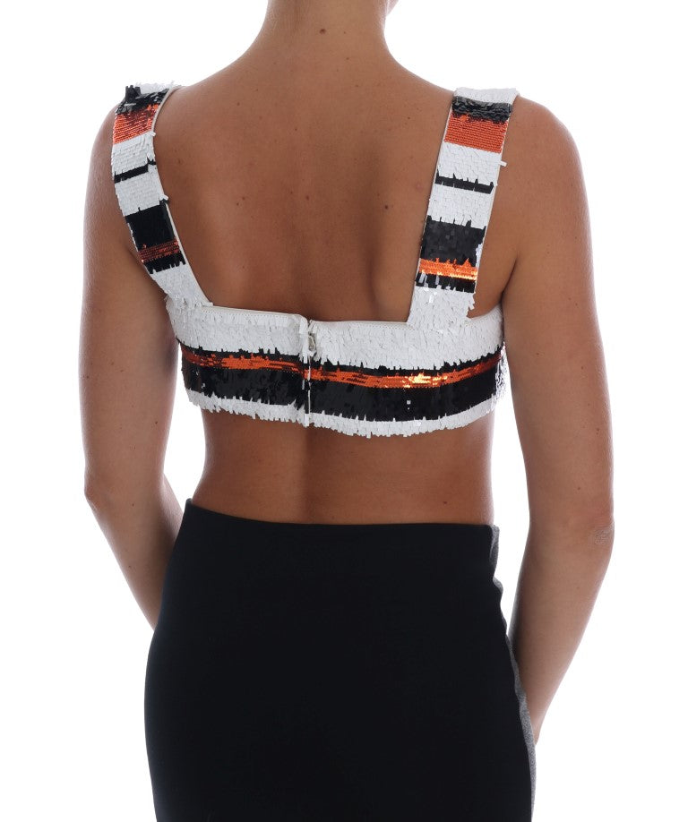 Top bustier stretch en sequins multicolores de Dolce & Gabbana, ajusté, avec détails brillants et colorés.