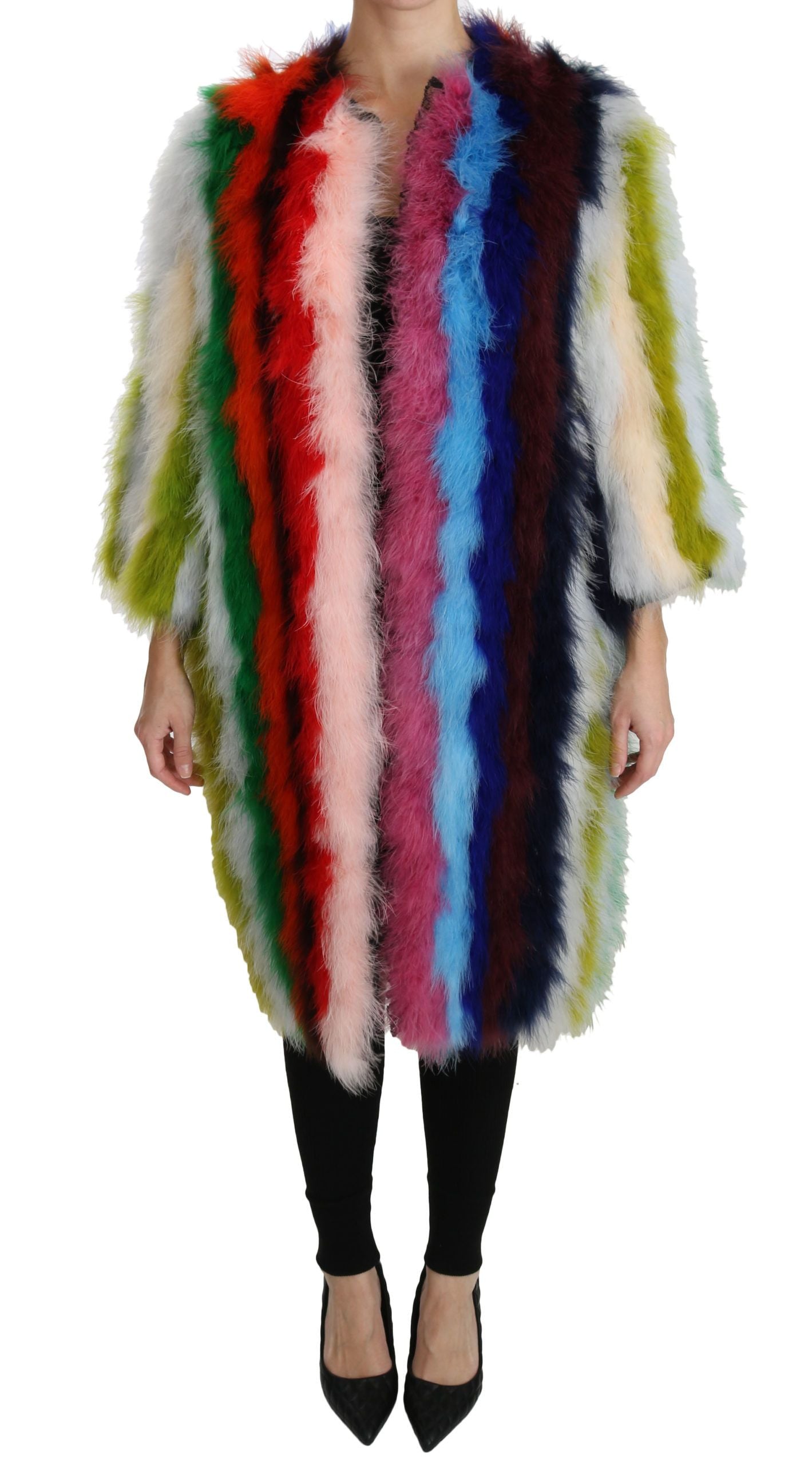 Cape en plumes de dinde multicolores de Dolce & Gabbana, manteau en fourrure élégant et coloré.