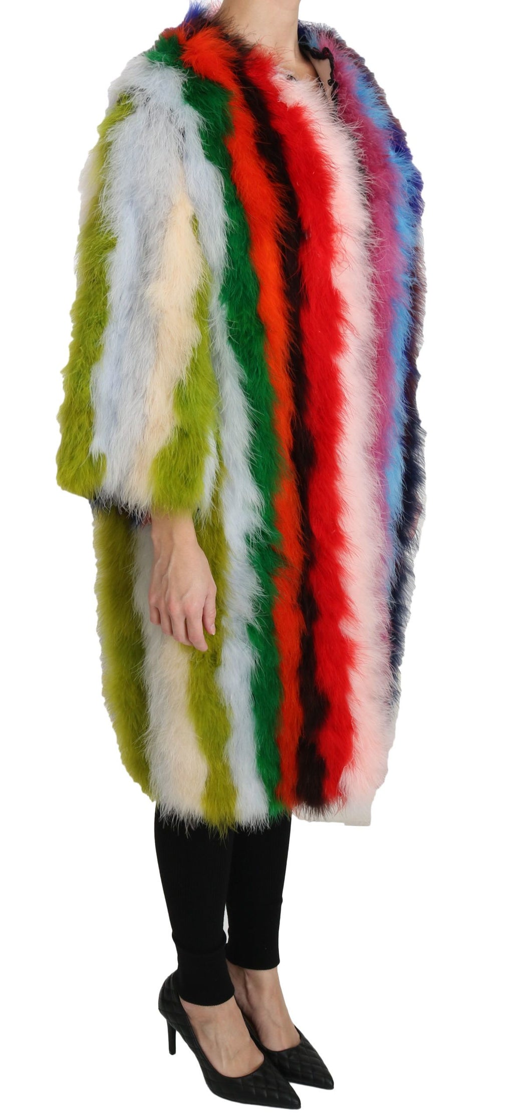 cape en fourrure Dolce & Gabbana avec plumes de dinde multicolores, élégante veste d'hiver sophistiquée et colorée