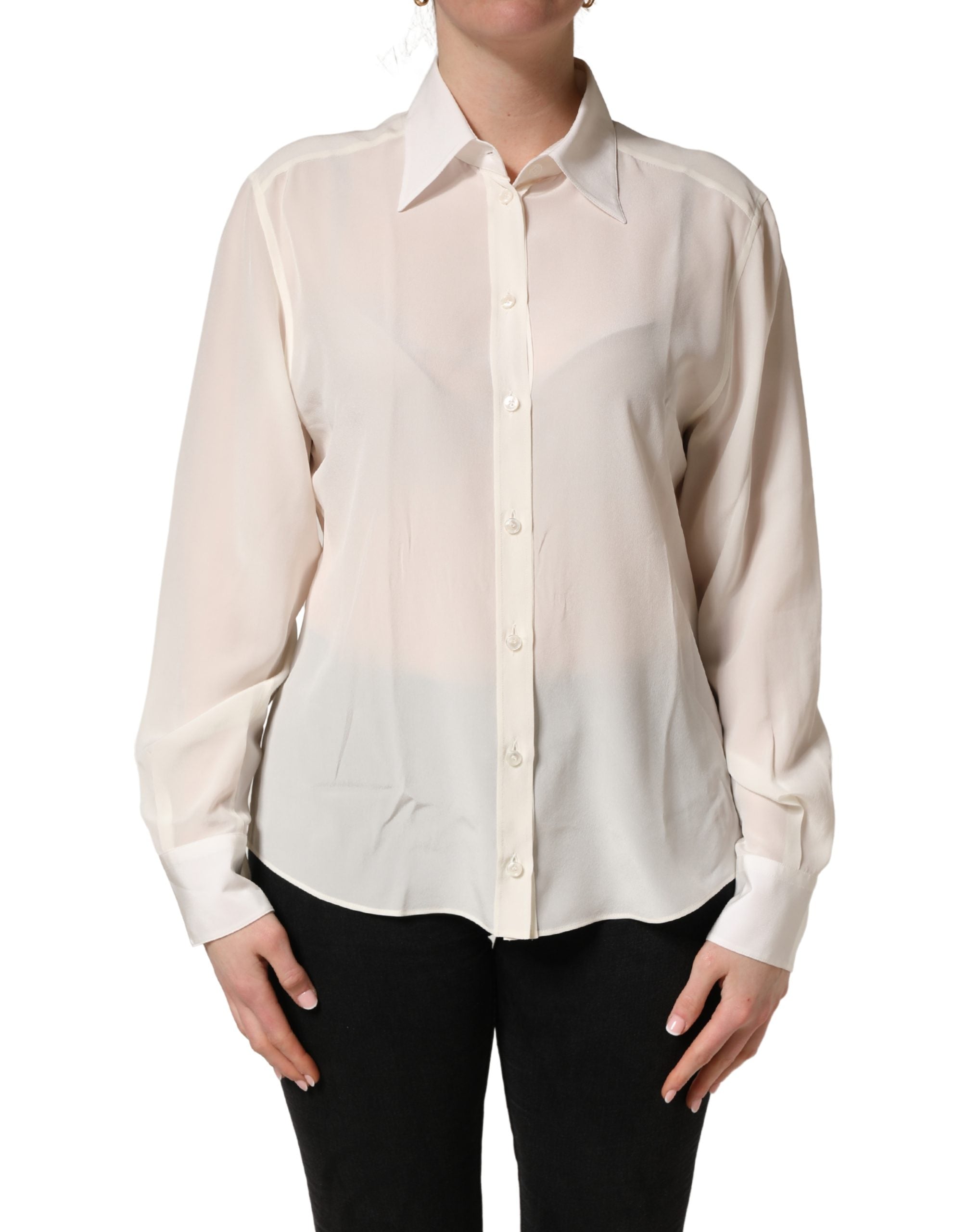 Blouse blanche à col et manches longues Dolce & Gabbana, chemisier élégant en tissu léger, vue de face.