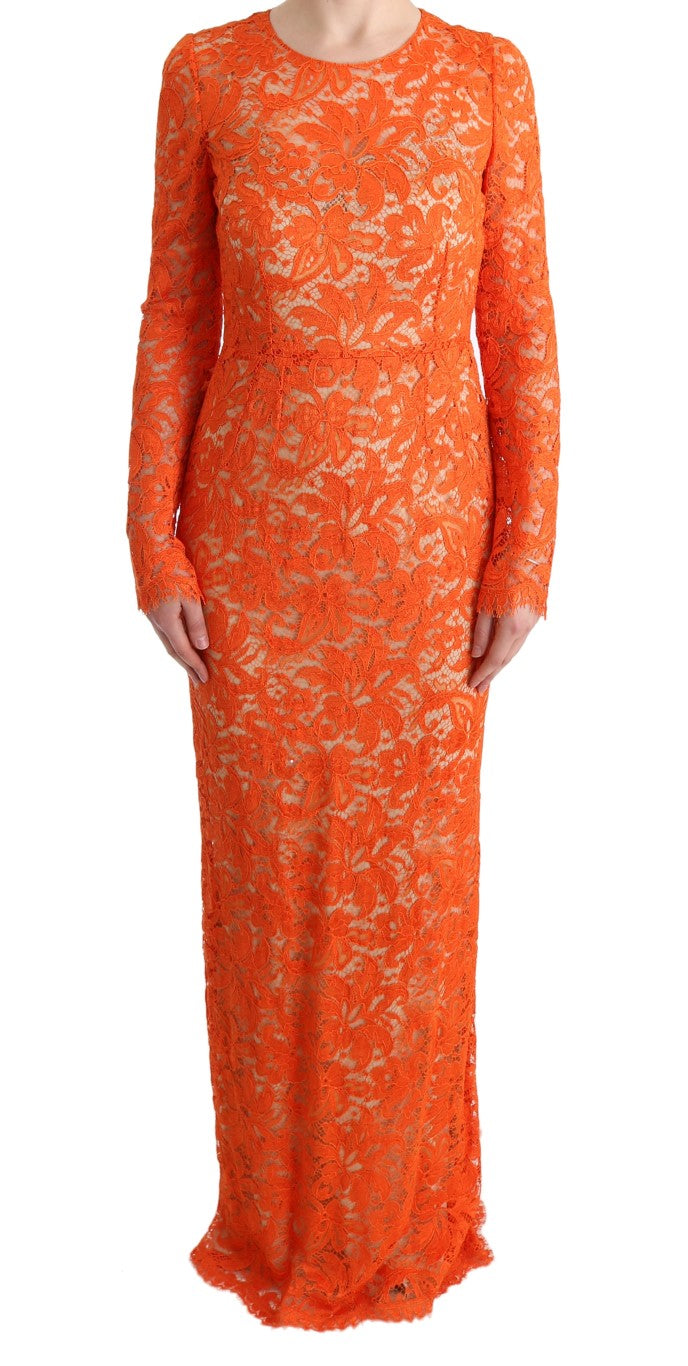 Robe longue Dolce & Gabbana à motif floral orange, robe de soirée en tissu ricamo élégante et sophistiquée.