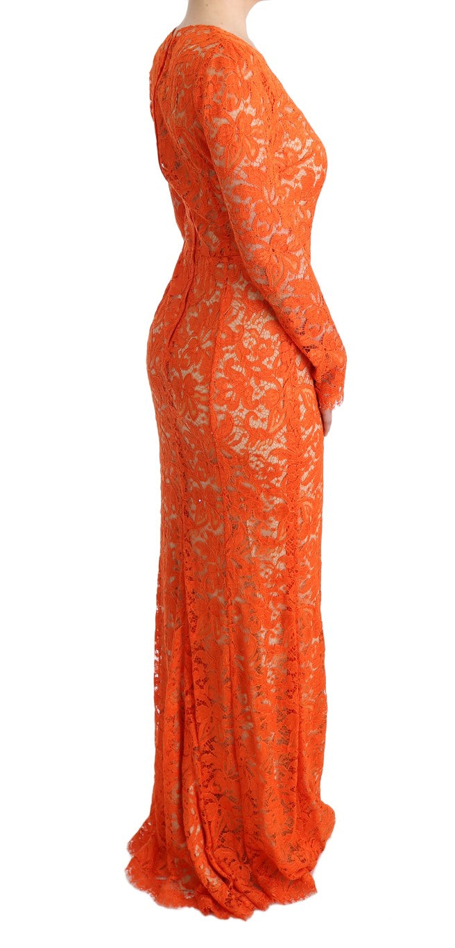 Robe longue Dolce & Gabbana Ricamo à fleurs orange en tissu fluide et élégante.
