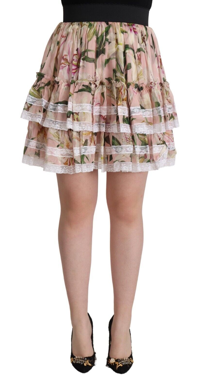 Jupe courte en soie à imprimé lys roses de Dolce & Gabbana, jupe plissée en forme A avec plusieurs couches.
