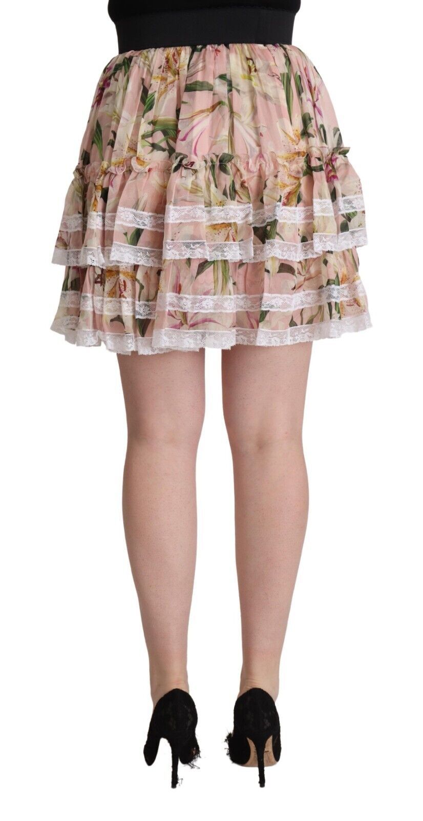 Jupe courte en soie à imprimé lys rose de Dolce & Gabbana, coupe en A, à plusieurs couches, élégante et féminine.