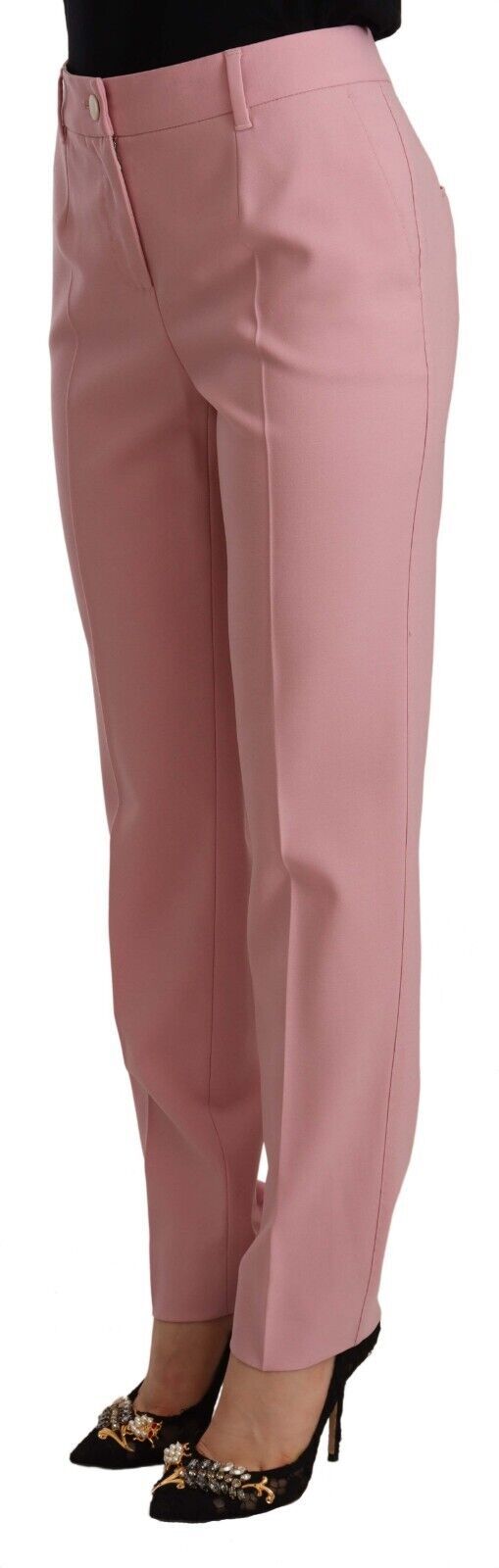 Pantalon en laine rose à taille haute de Dolce & Gabbana, coupe stretch et élégante, pour un style sophistiqué.