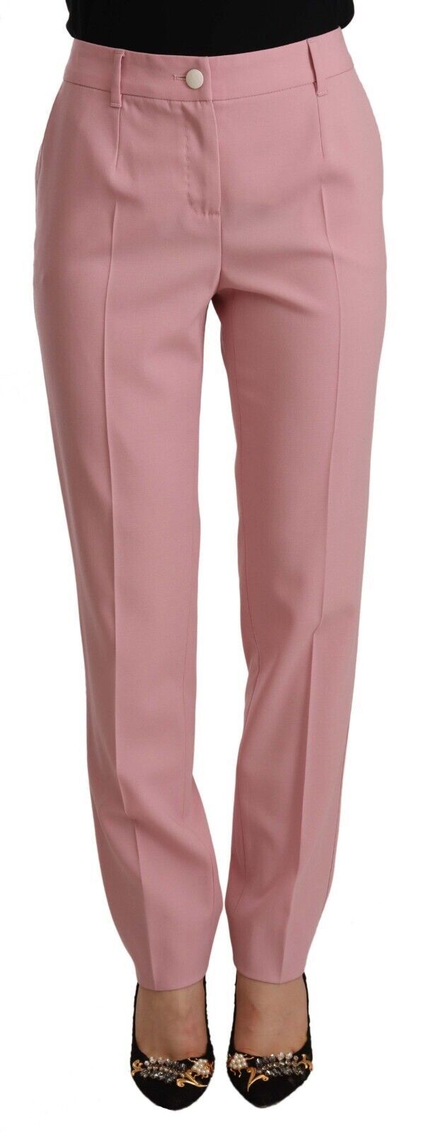Pantalon en laine rose à taille haute Dolce & Gabbana, coupe ajustée et élégante, visible sur un mannequin.