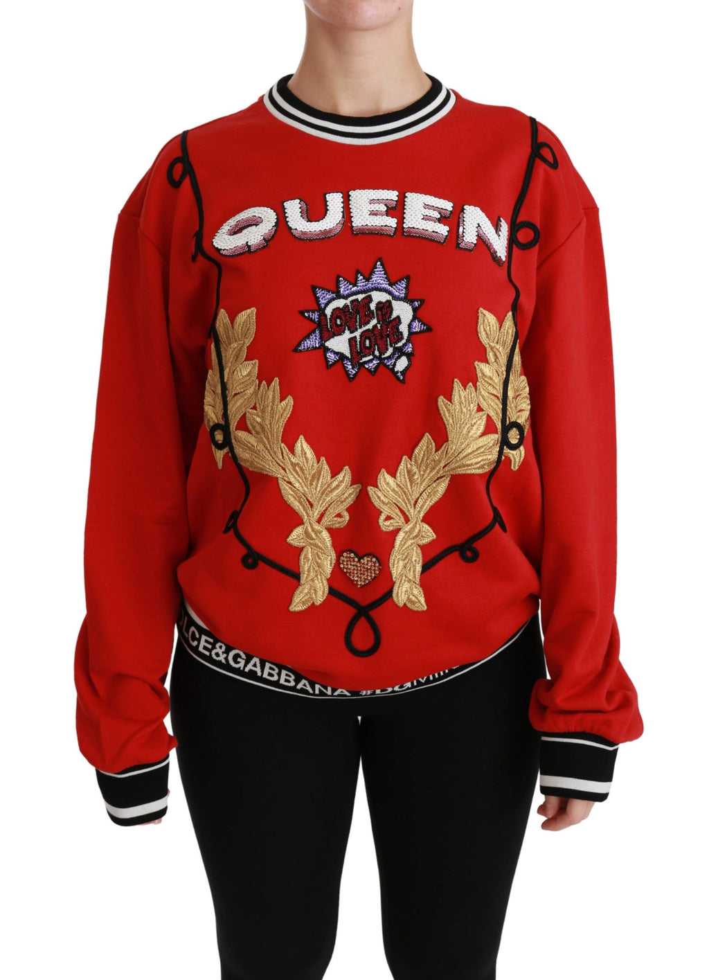 Pull-over Dolce & Gabbana Red Queen à sequins avec motif love, pull en laine rouge avec détails brillants.