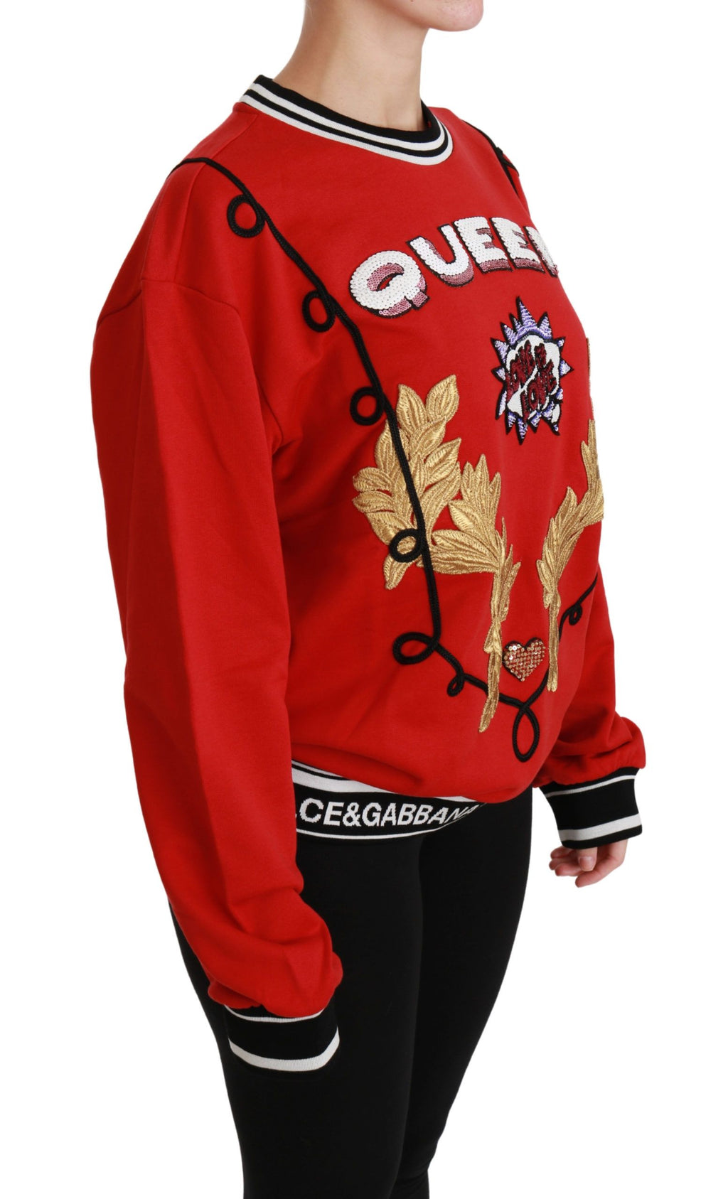 Pull à manches longues Dolce & Gabbana Red Queen avec sequins scintillants et motif love, style élégant et glamour.