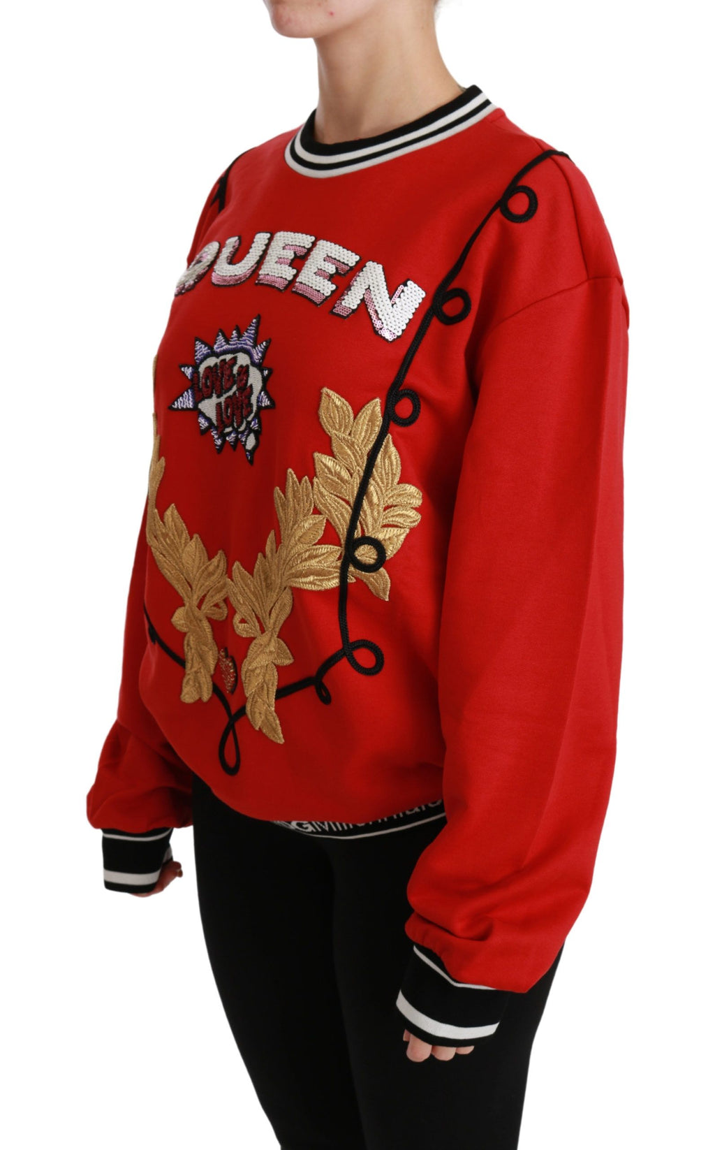 Pull à sequins rouge Queen Love de Dolce & Gabbana, chandail élégant avec détails brillants et motif unique.