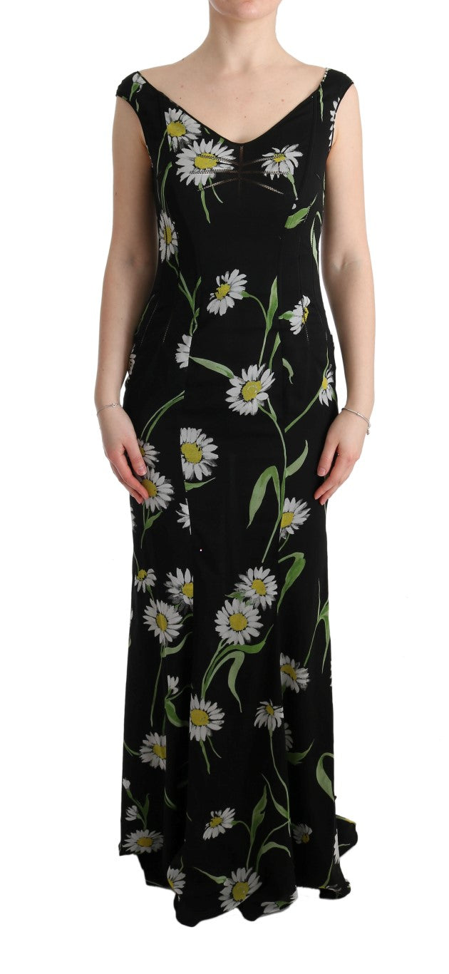 Robe Dolce & Gabbana en soie stretch à imprimé tournesol, coupe ajustée, portée sur un mannequin.