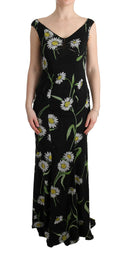 Robe Dolce & Gabbana en soie stretch à imprimé tournesol, coupe ajustée, portée sur un mannequin.