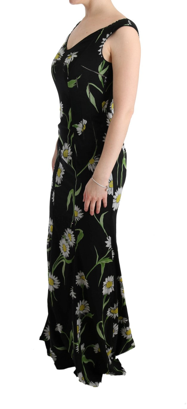 Robe fourreau en soie à tournesol de Dolce & Gabbana, élégante et ajustée, avec motif floral jaune sur fond clair.