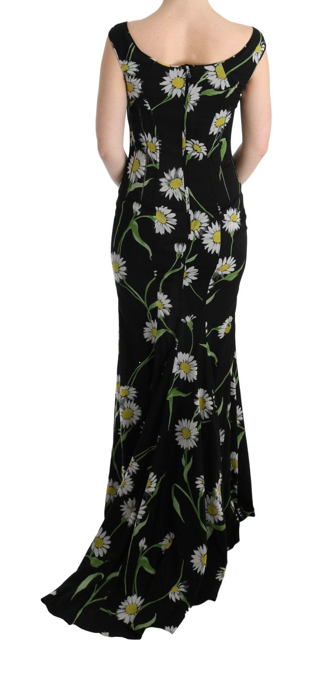 Robe Dolce & Gabbana en soie stretch à motif tournesol, coupe ajustée, longueur au genou, élégante et fluide.