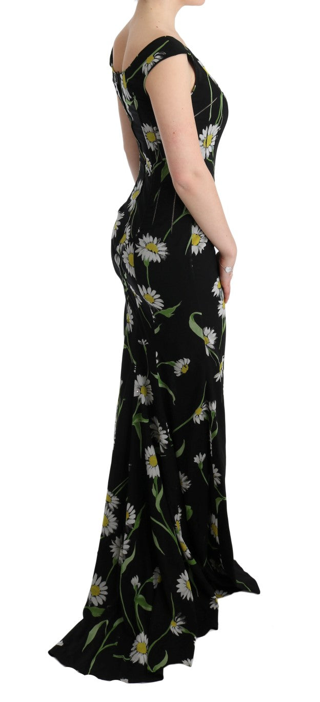 Robe Dolce & Gabbana en soie stretch à imprimé tournesol, coupe ajustée et élégante, vue de face sur mannequin.