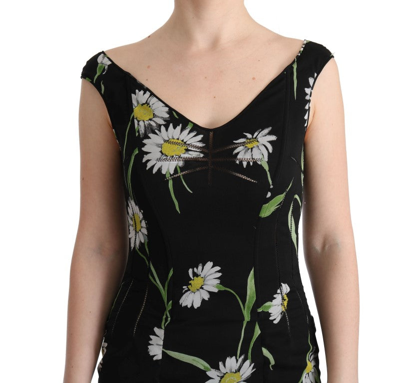Robe femme en soie stretch à imprimé tournesol, style robe droite Dolce & Gabbana, élégante et raffinée.