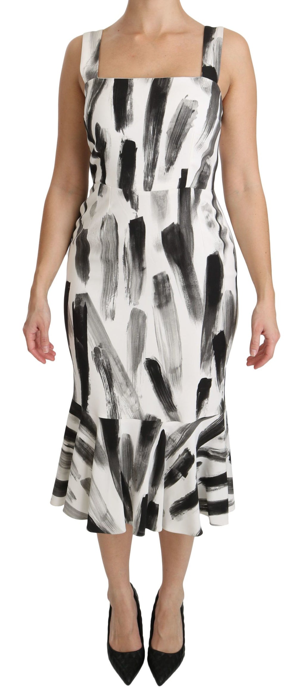 Robe midi droite Dolce & Gabbana en viscose blanche et noire avec imprimé, coupe près du corps, style élégant.