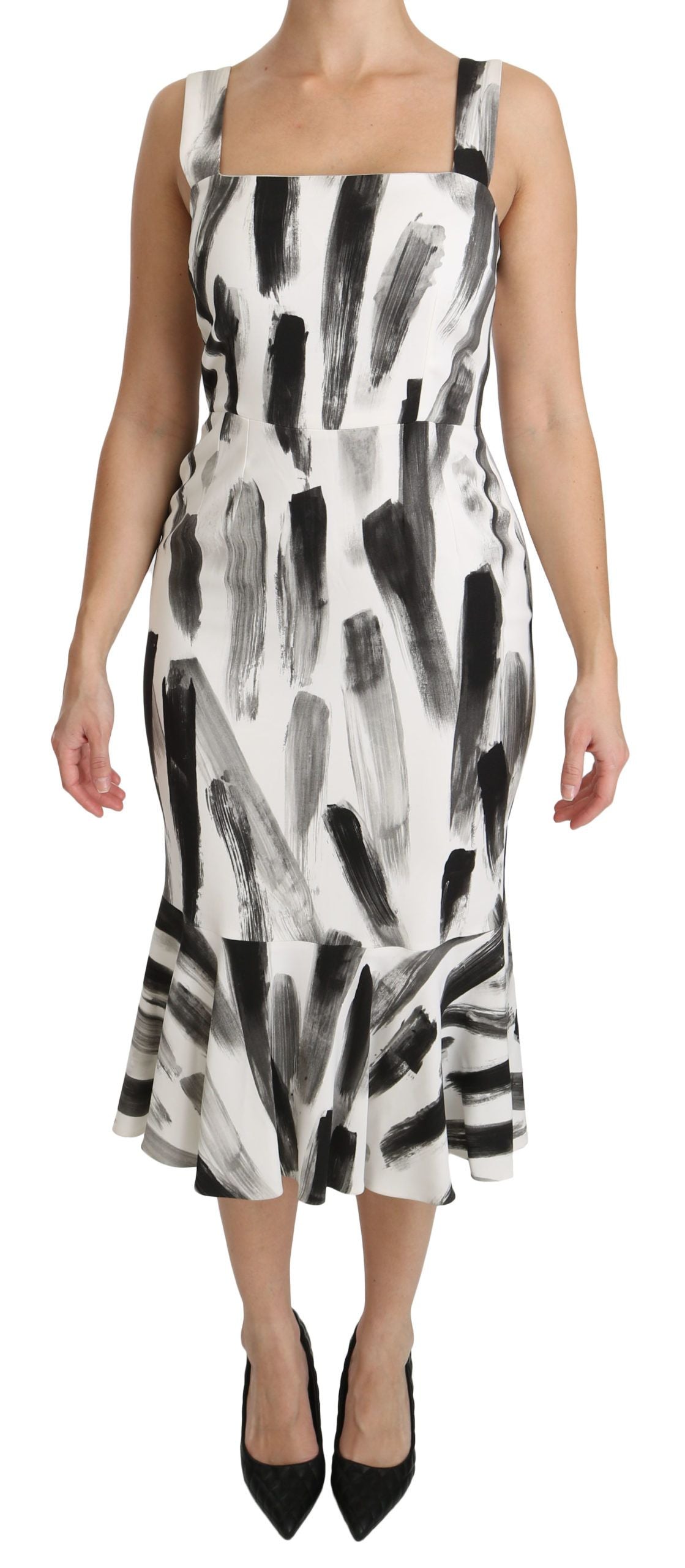 Robe midi droite Dolce & Gabbana en viscose blanche et noire avec imprimé, coupe près du corps, style élégant.