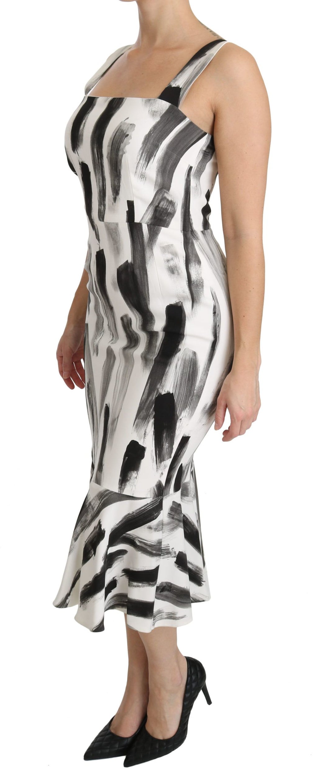 Robe midi en viscose blanche et noire imprimée de Dolce & Gabbana, coupe ajustée et élégante, pour femme.