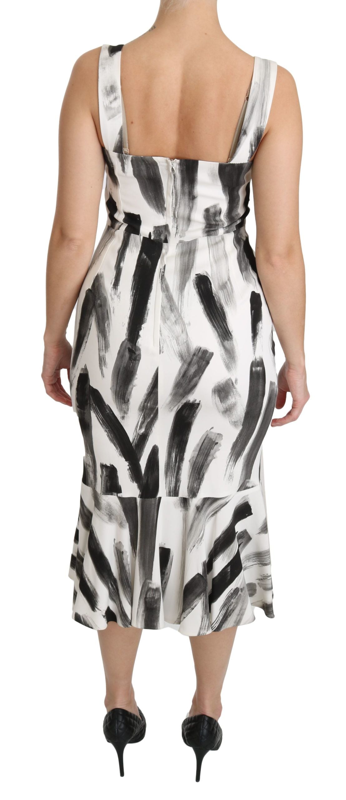 Robe midi en viscose blanche et noire Dolce & Gabbana, coupe ajustée, imprimé élégant, style chemise sophistiqué.