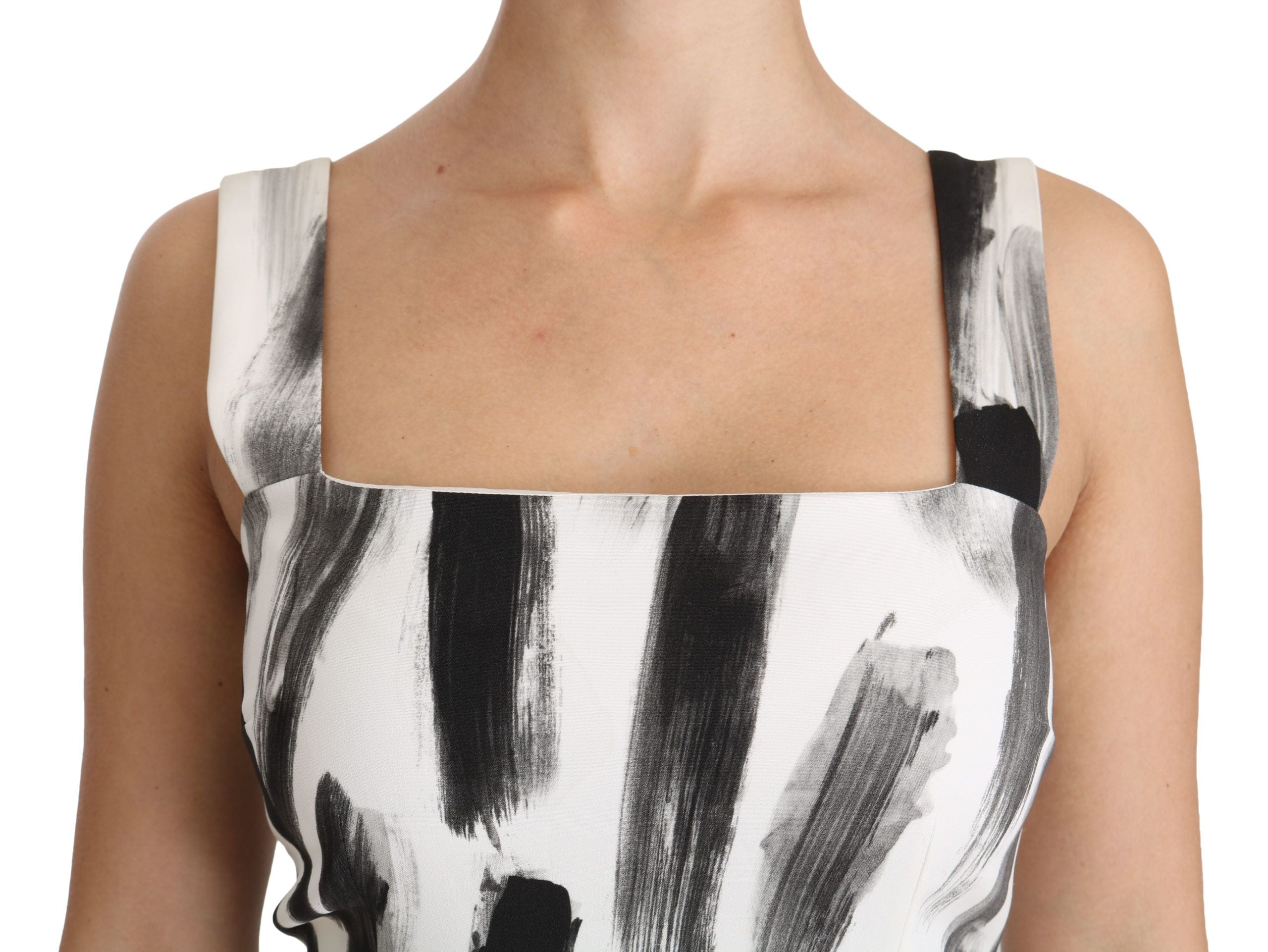 Robe midi droite Dolce & Gabbana en viscose blanche et noire à imprimé, ajustée et élégante.