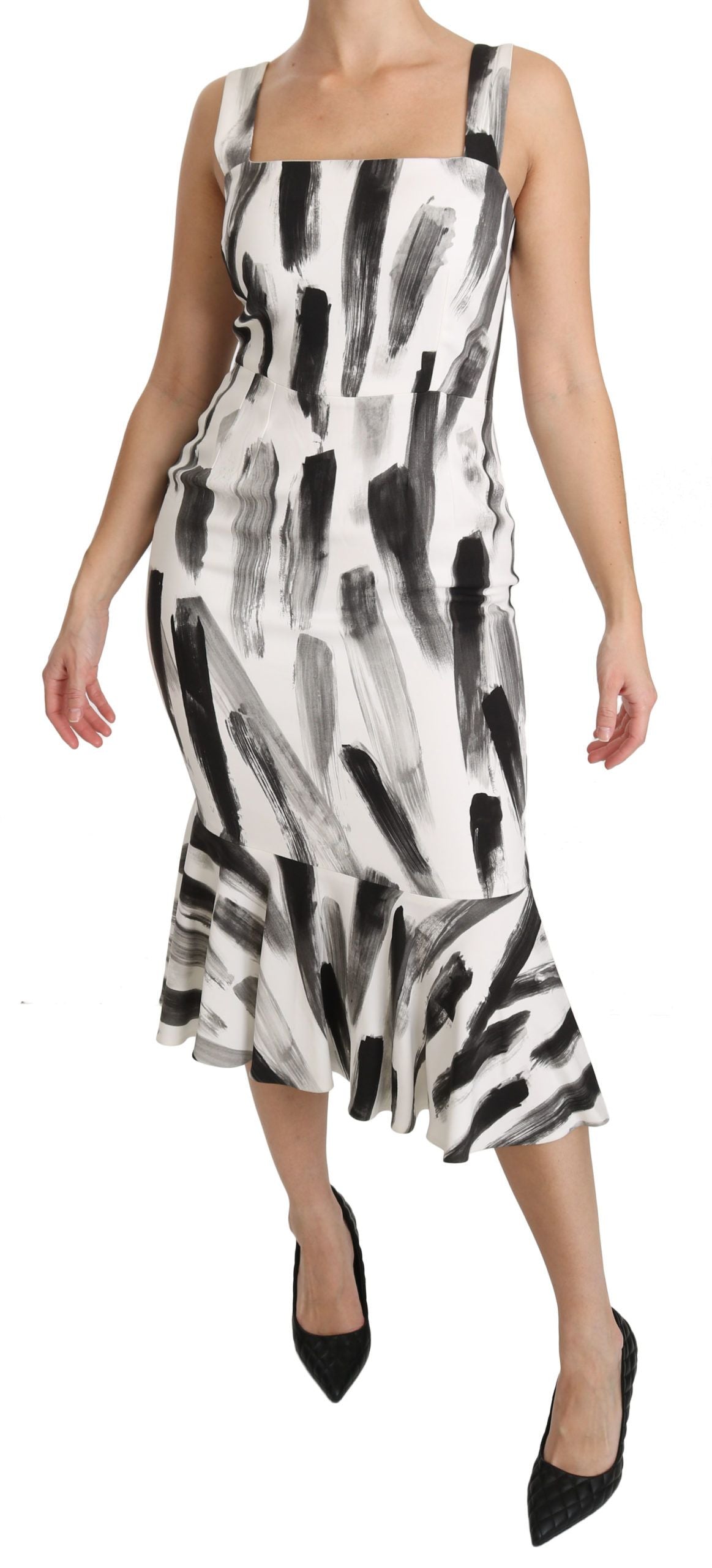 Robe midi droite imprimée en viscose blanche et noire de Dolce & Gabbana, vêtement élégant pour femme.