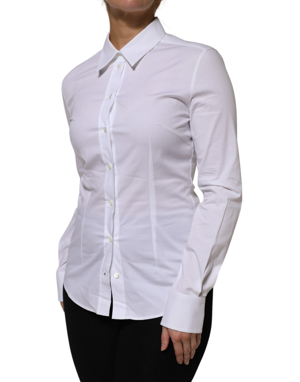 Chemise blanche en coton Dolce & Gabbana à col et manches longues, vue de face, élégante et classique.