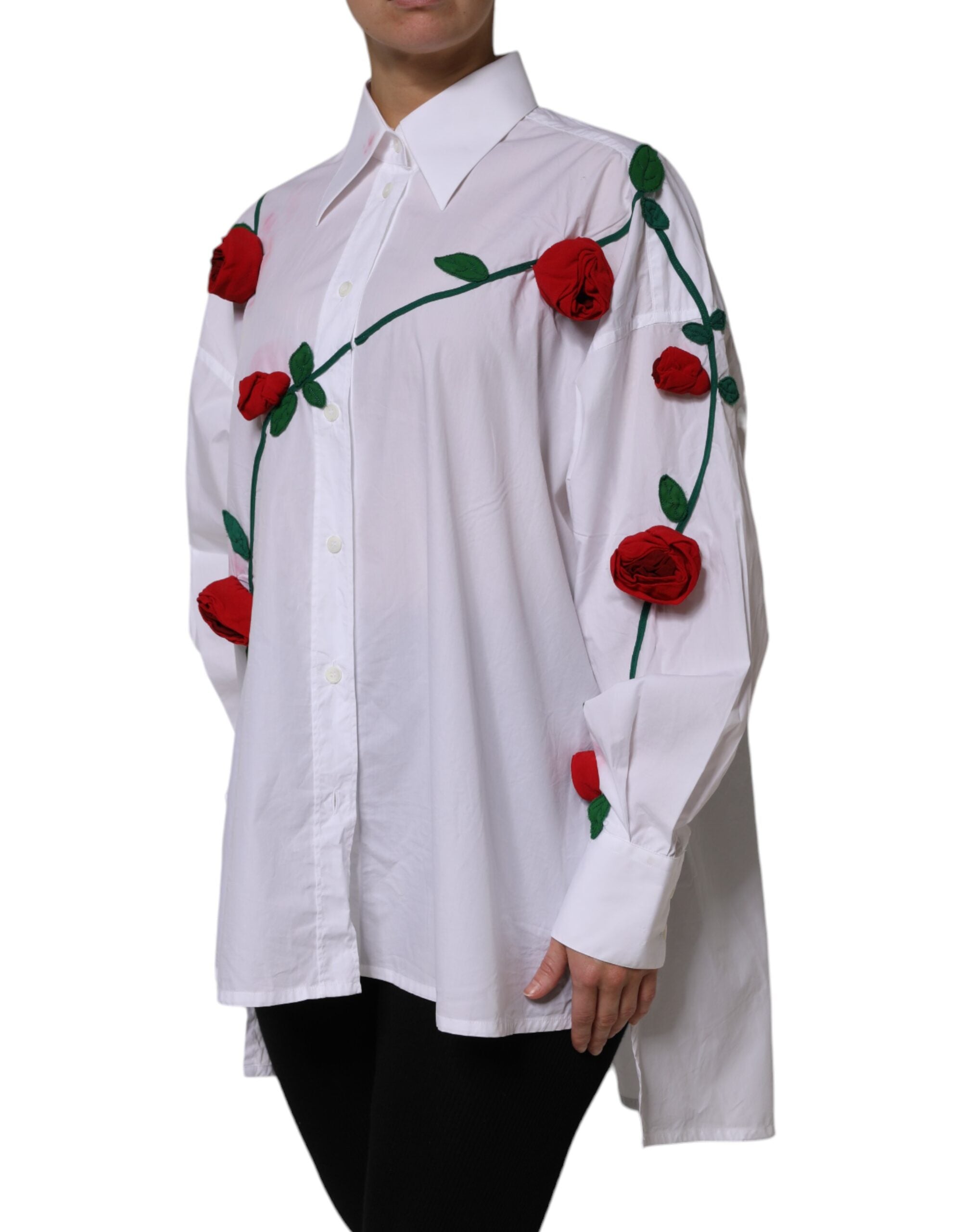 Chemise Dolce & Gabbana en coton blanc avec appliqués floraux, élégante et sophistiquée, vue de face sur fond neutre.