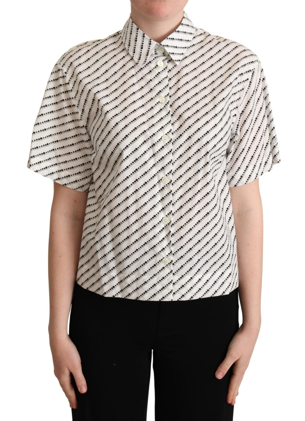 Chemise blanche Dolce & Gabbana à pois avec col, tissu léger et élégant, vue de face.
