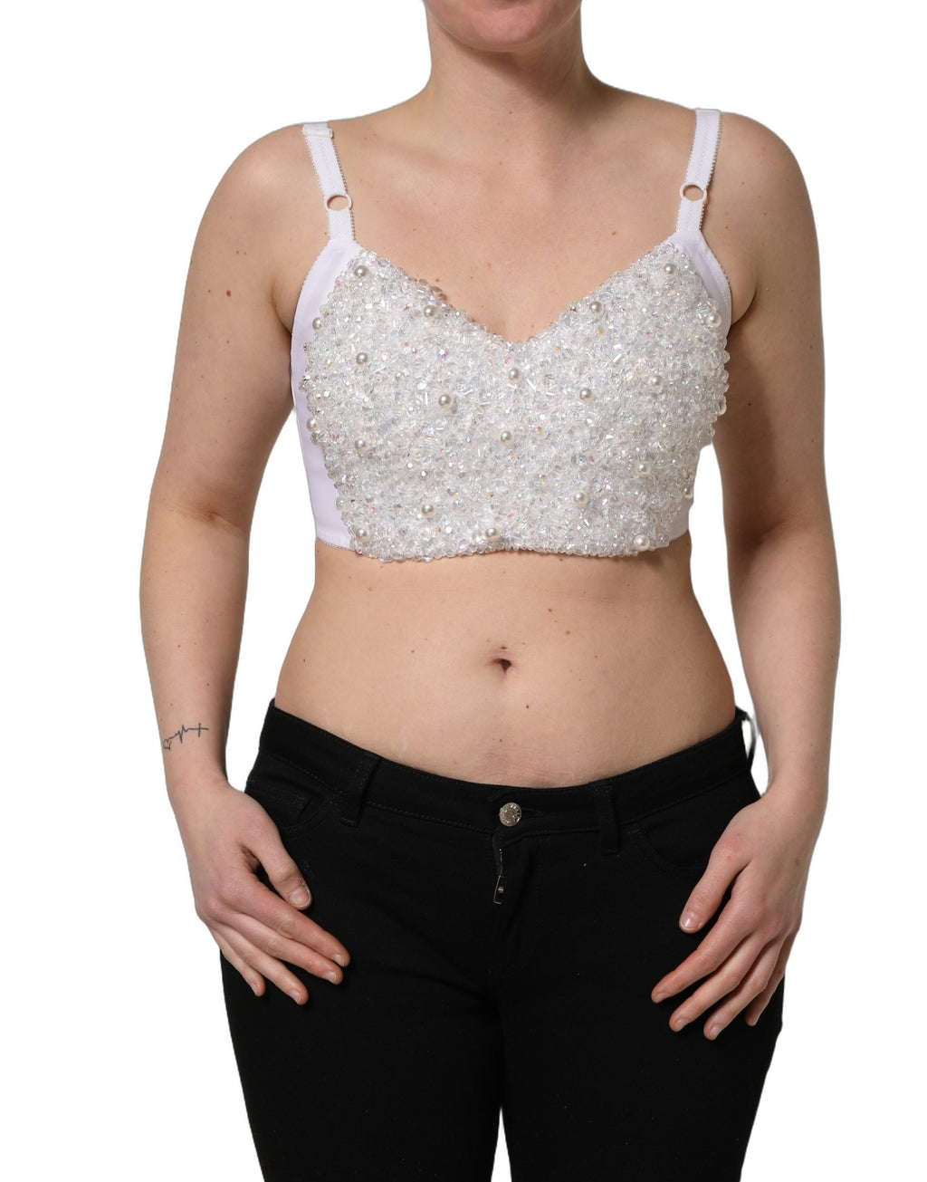 Corset bustier crop top Dolce & Gabbana en perles blanches, détails beaded élégants, ajusté et tendance.