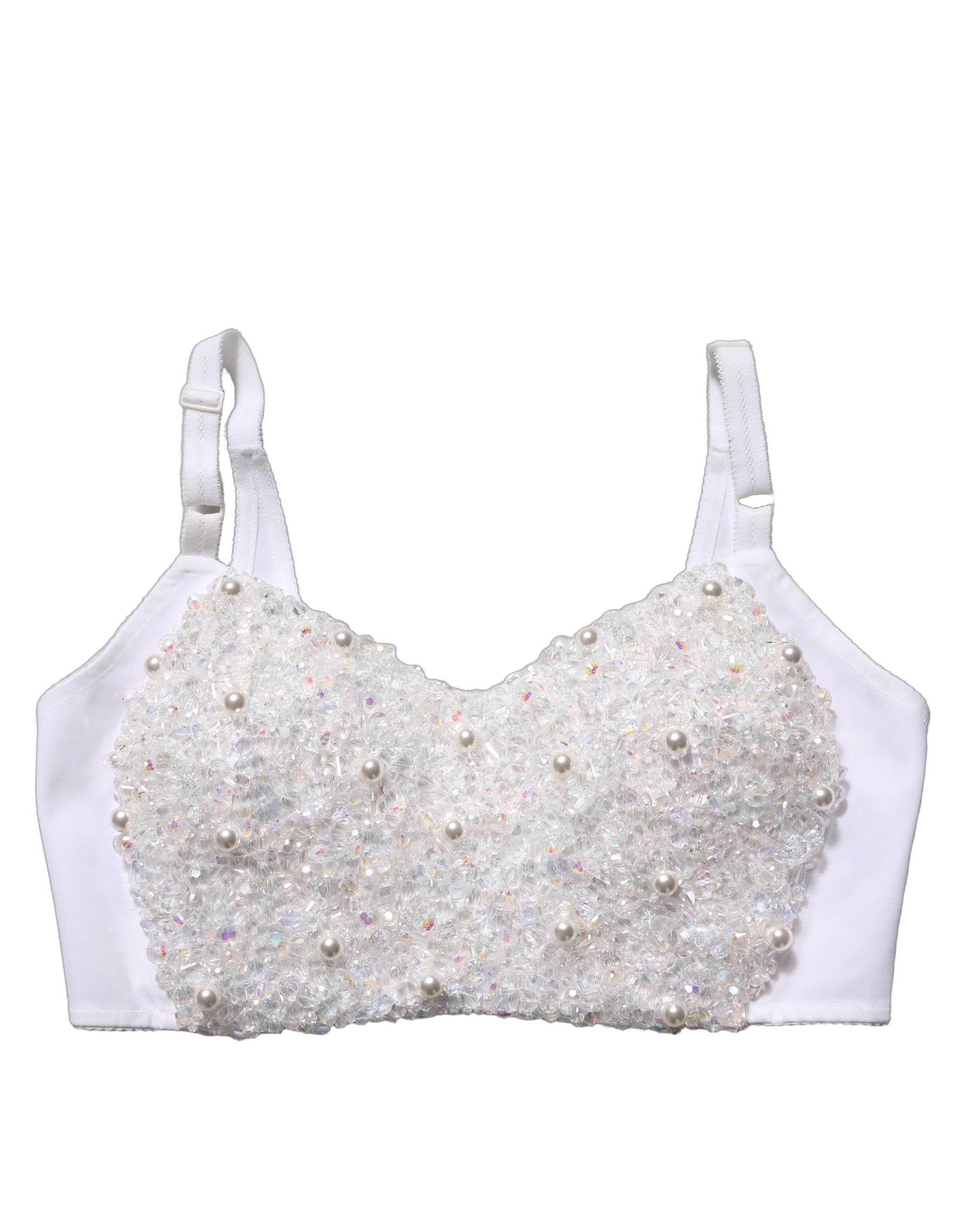 Corset bustier blanc Dolce & Gabbana en perles, haut court élégant avec détails raffinés et design sophistiqué.