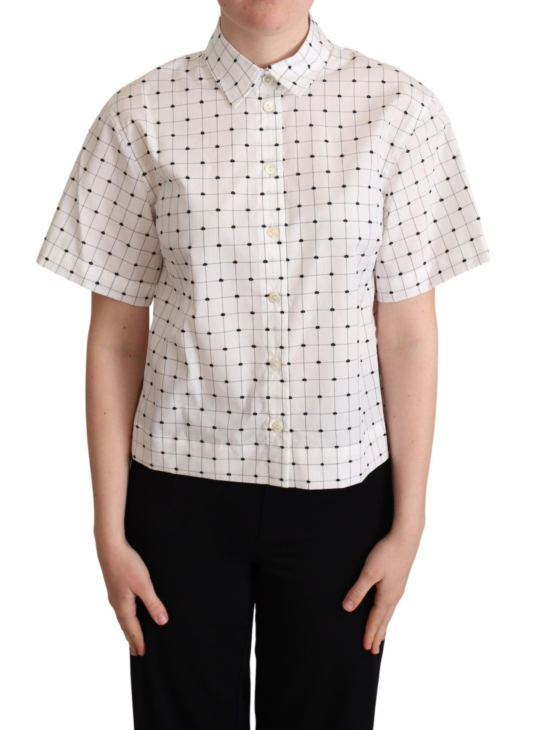 Chemise en coton blanche à pois Dolce & Gabbana avec col, élégante et légère, idéale pour un style chic et décontracté.