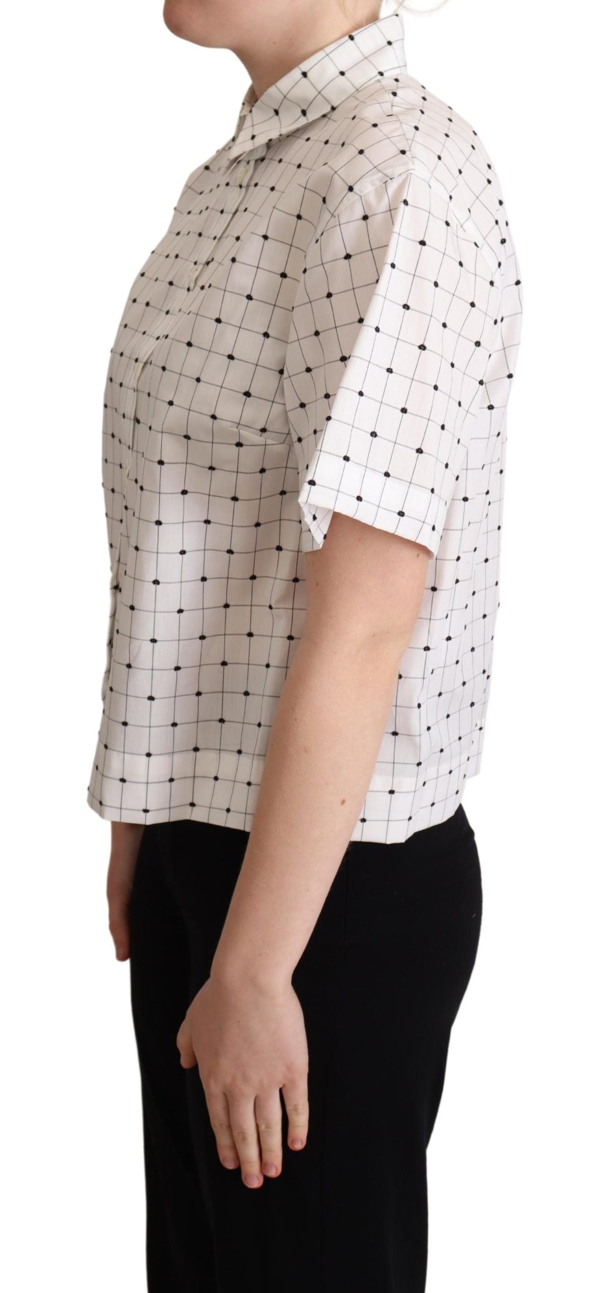 Chemise blanche à pois en coton Dolce & Gabbana avec col, vue de face sur un mannequin.