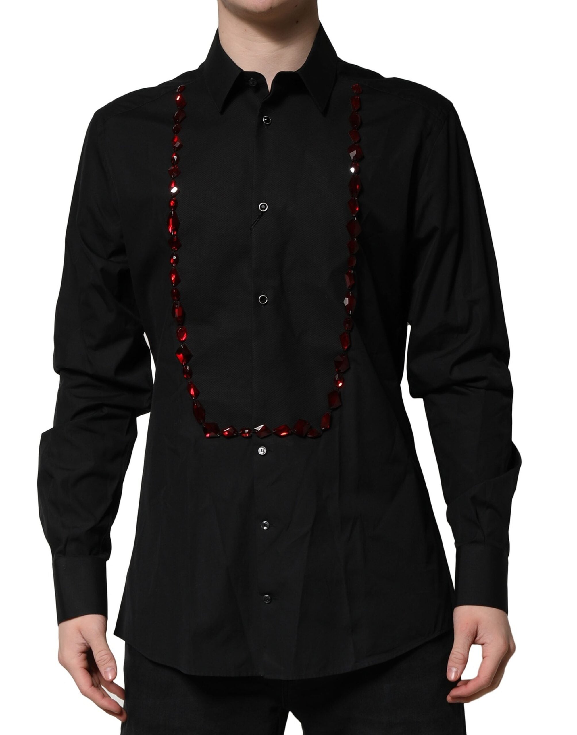 Chemise de costume noire Dolce & Gabbana pour hommes avec cristaux en or, élégante et sophistiquée, en tissu brillant.