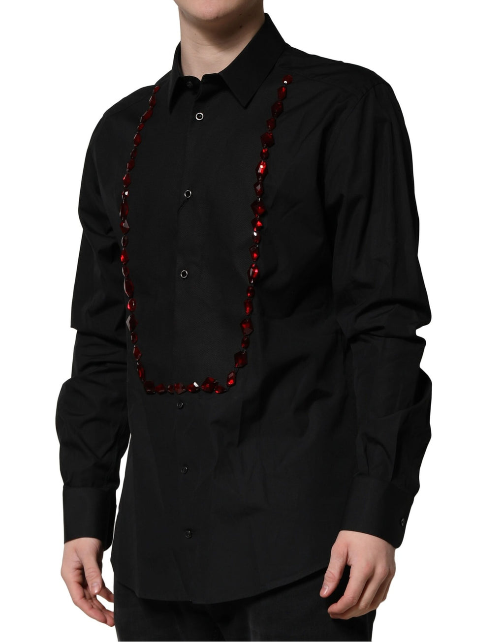 Chemise habillée formelle pour hommes Dolce & Gabbana noire avec cristaux noirs et détails dorés, élégance sophistiquée.