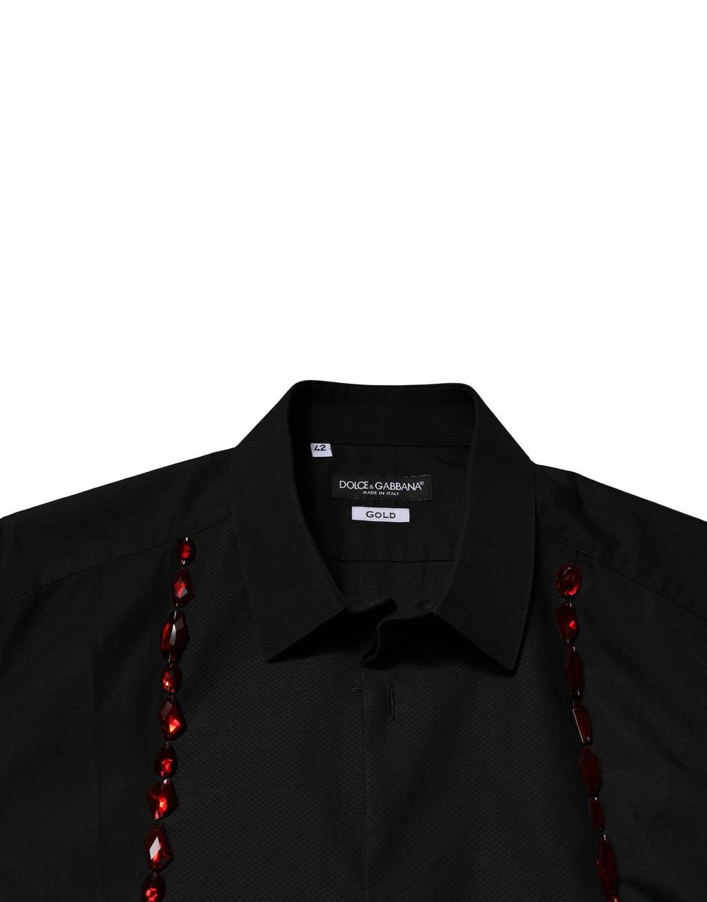 Chemise formelle noire pour homme Dolce & Gabbana avec cristaux et détails dorés, élégante et sophistiquée.