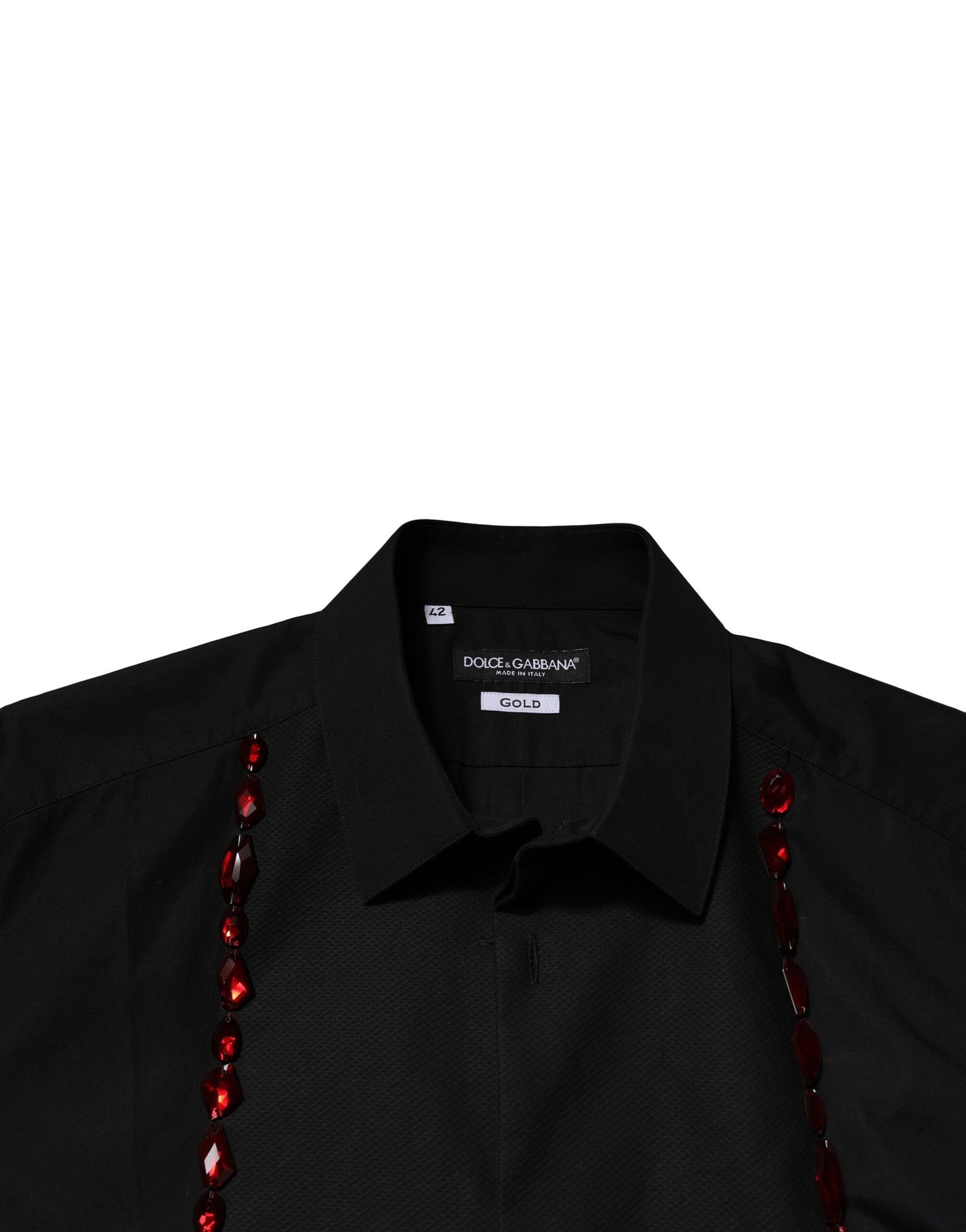 Chemise formelle noire pour homme Dolce & Gabbana avec cristaux et détails dorés, élégante et sophistiquée.