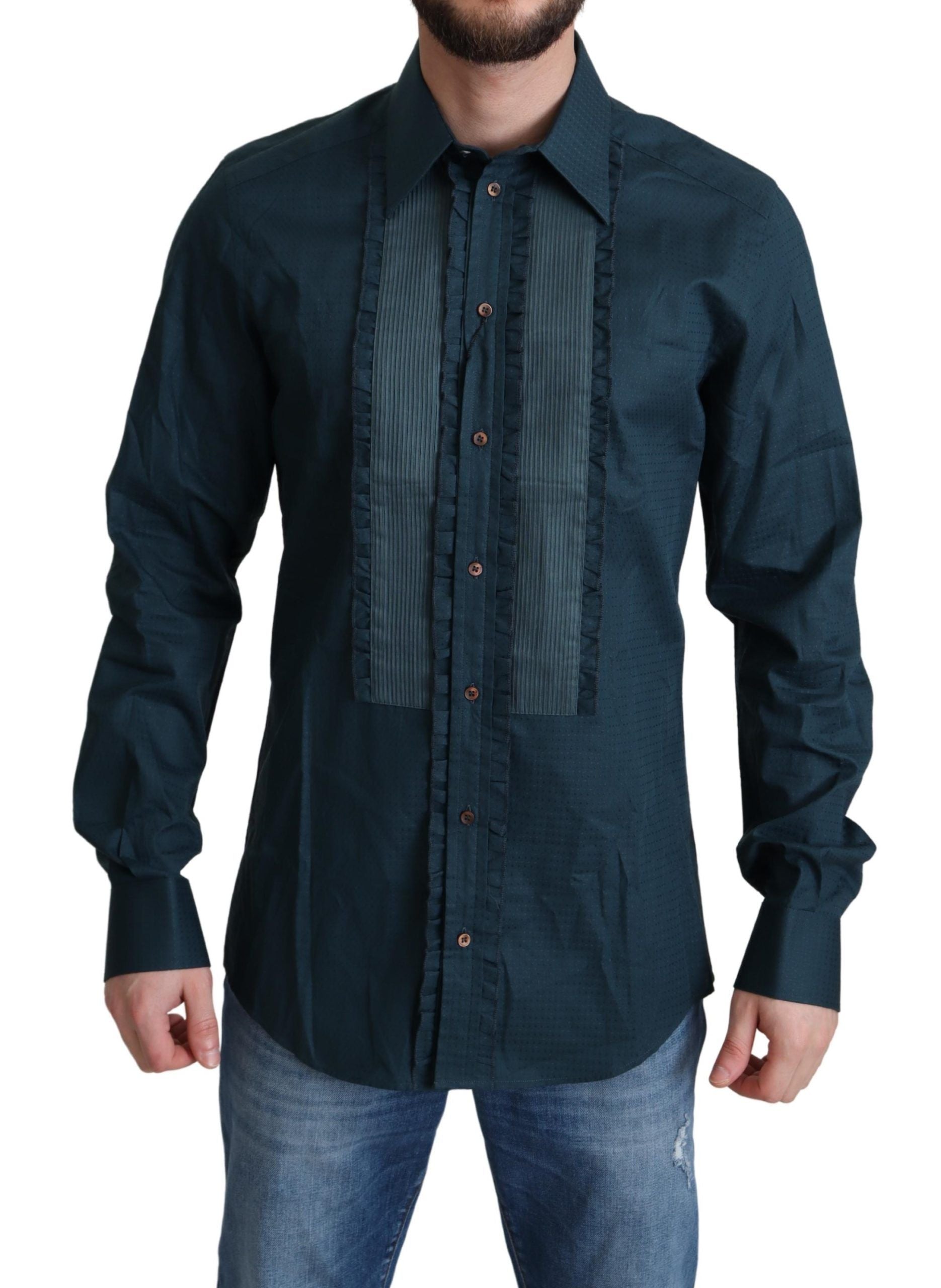 Chemise formelle en coton bleu Dolce & Gabbana avec patte de boutonnage, élégante et sophistiquée.