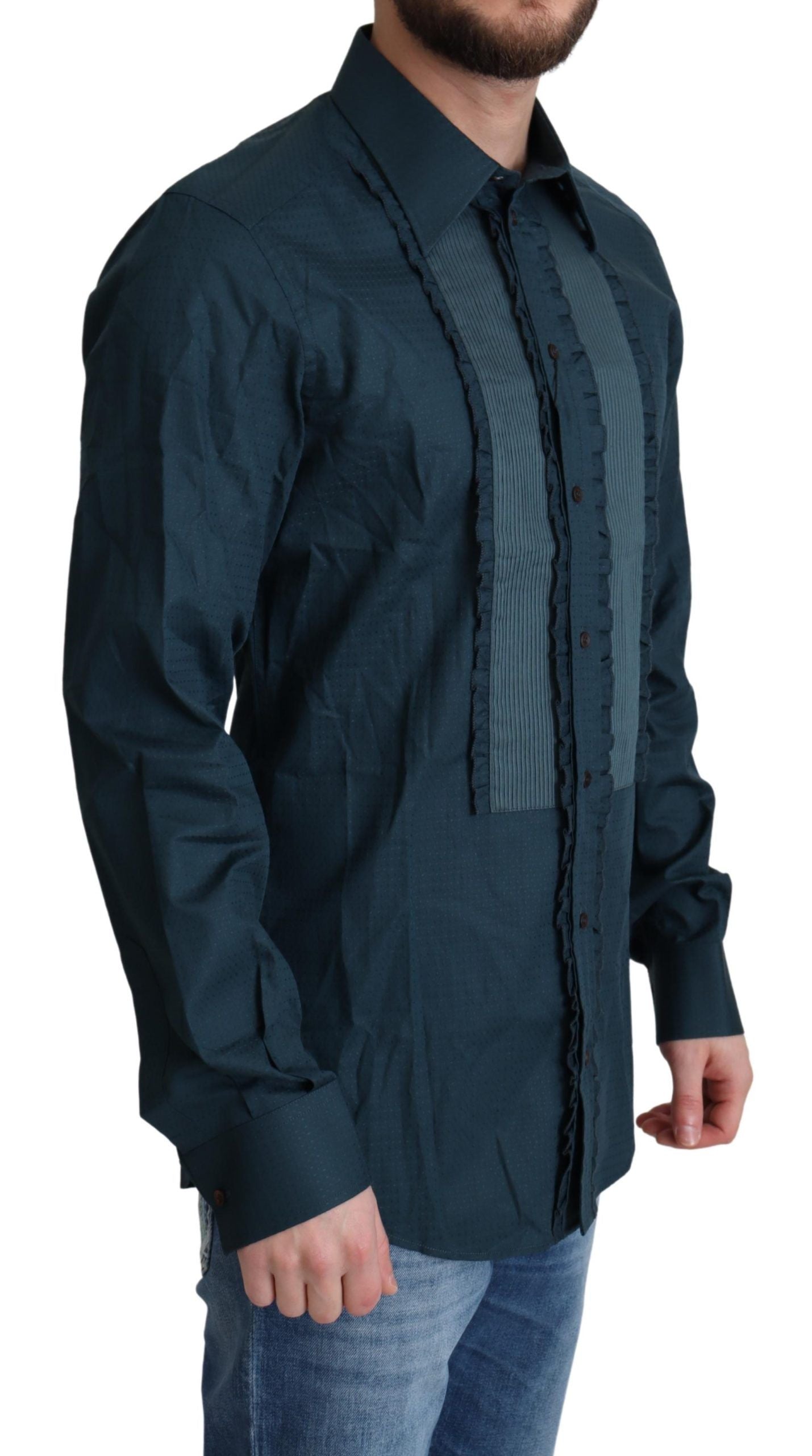 Chemise formelle en coton bleue Dolce & Gabbana avec boutonnière, vue de face, détails de la chemise élégante.
