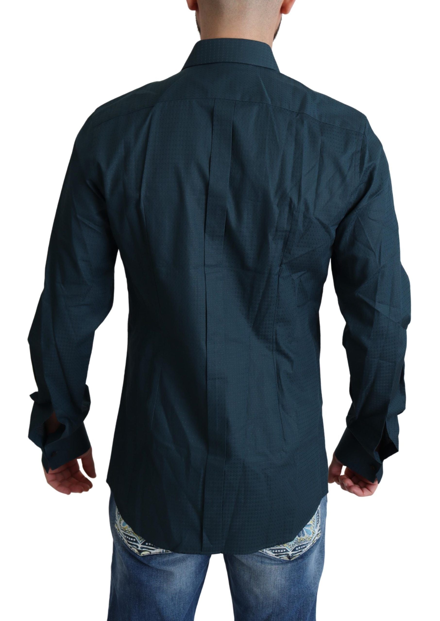 Chemise formelle en coton bleu Dolce & Gabbana avec plastron, détails élégants, idéale pour occasions sophistiquées.
