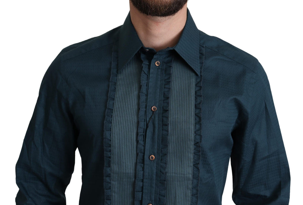 Chemise formelle en coton bleu Dolce & Gabbana avec patte de boutonnage, élégante et sophistiquée.