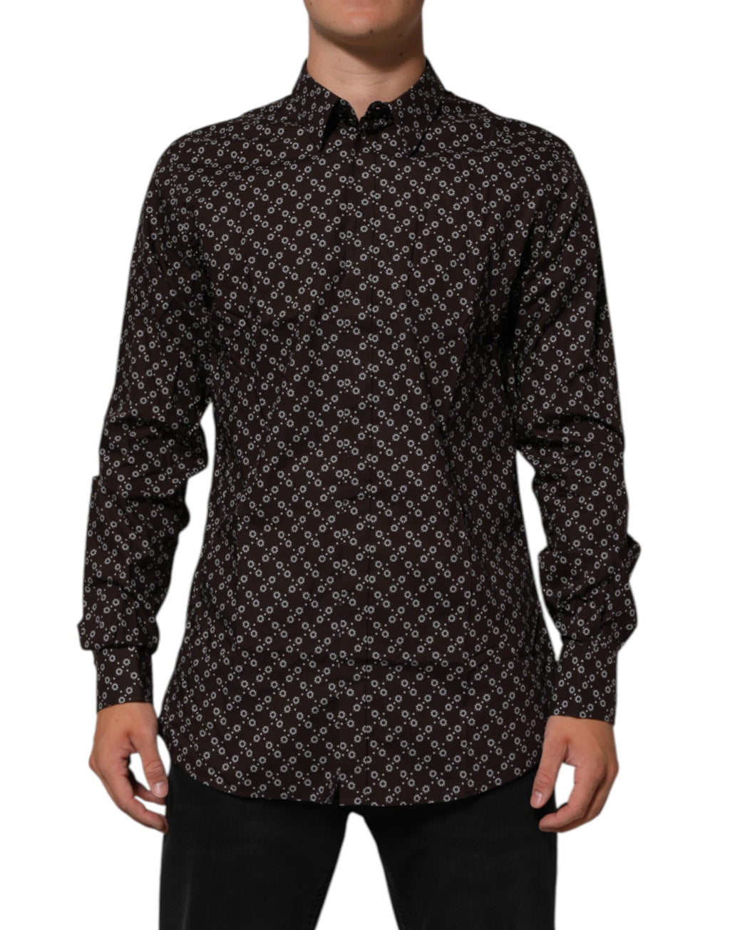 Chemise formelle Dolce & Gabbana brun avec col floral doré, détail élégant et tissu de haute qualité visible sur l'image.